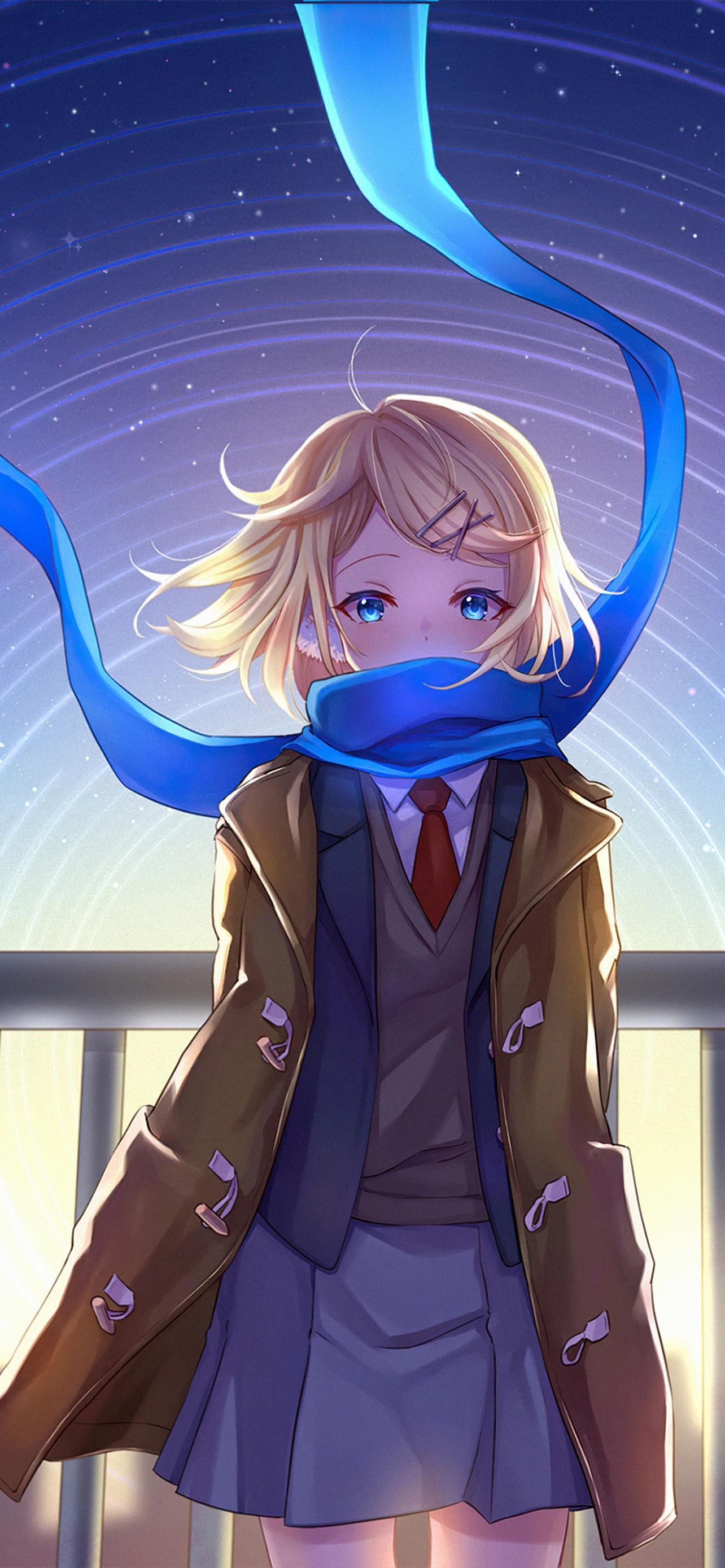 1284x2778 Anime girl Wallpaper 4K, School uniform, Star trail, Scarf, Fantasy