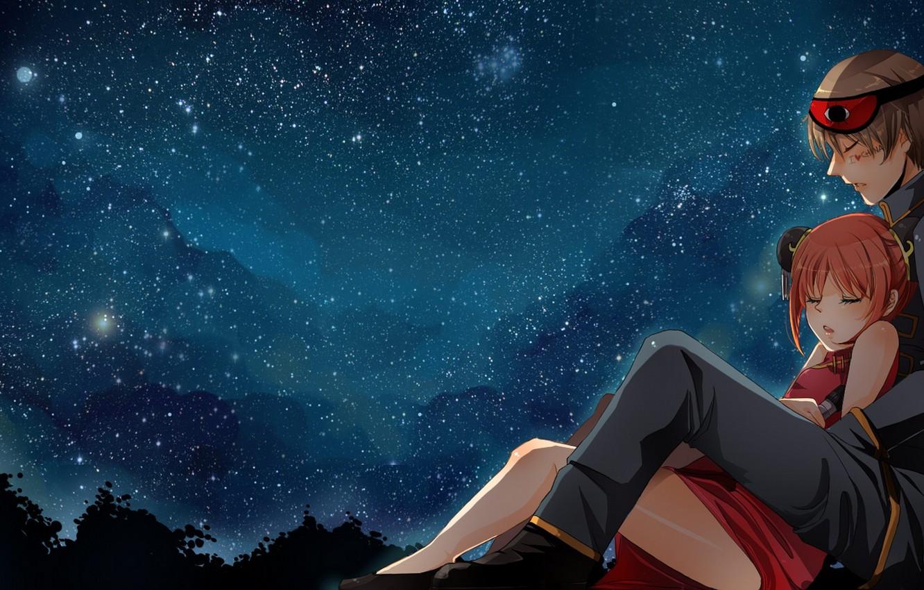 1332x850 Wallpaper the sky, girl, stars, night, anime, art, guy, gintama, kagura, okita sougo, nusine image for desktop, section сёнэн
