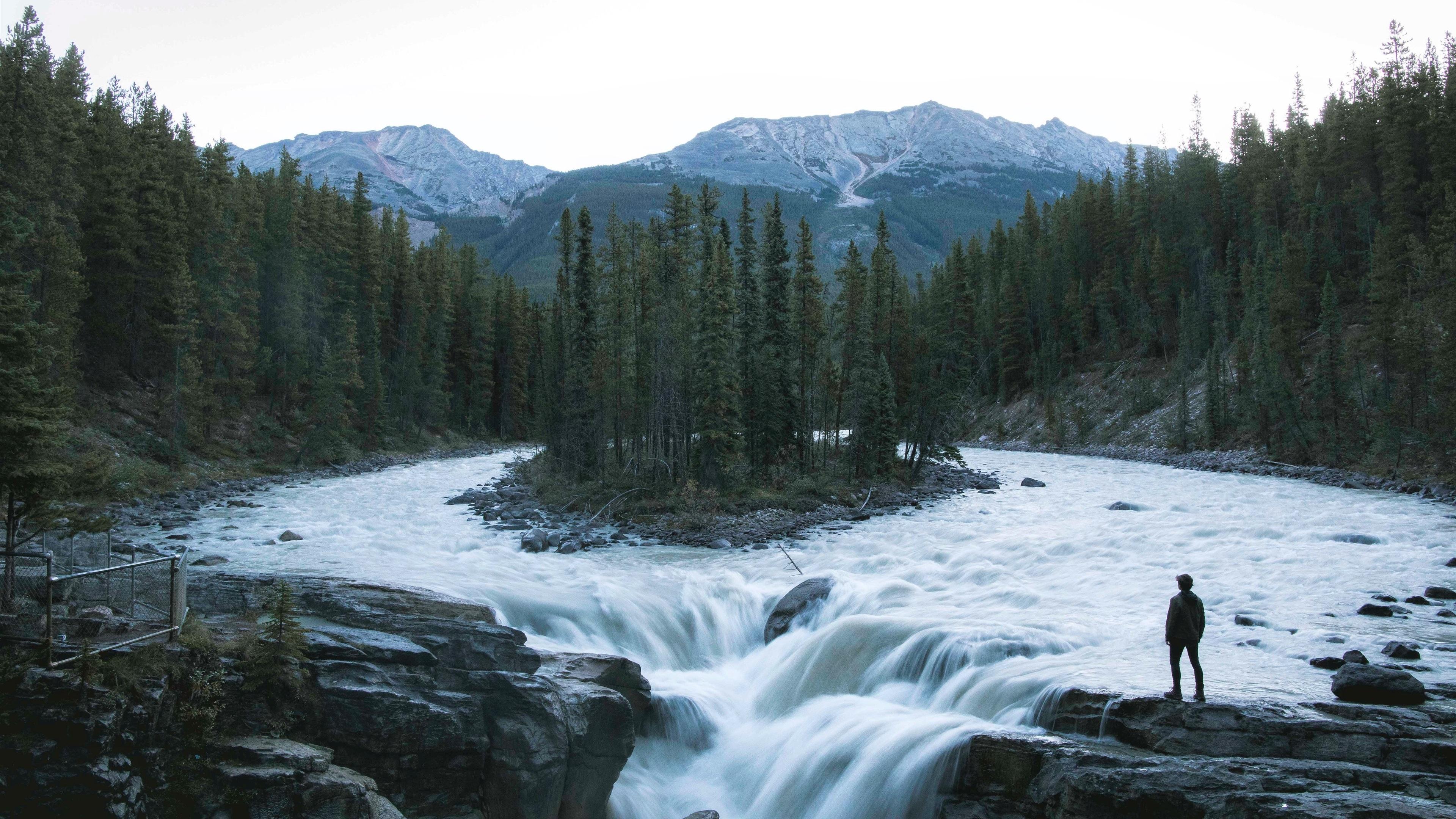 3840x2160 Wallpaper Forest, river, mountains, boy 3840x2160 UHD 4K Picture, Image