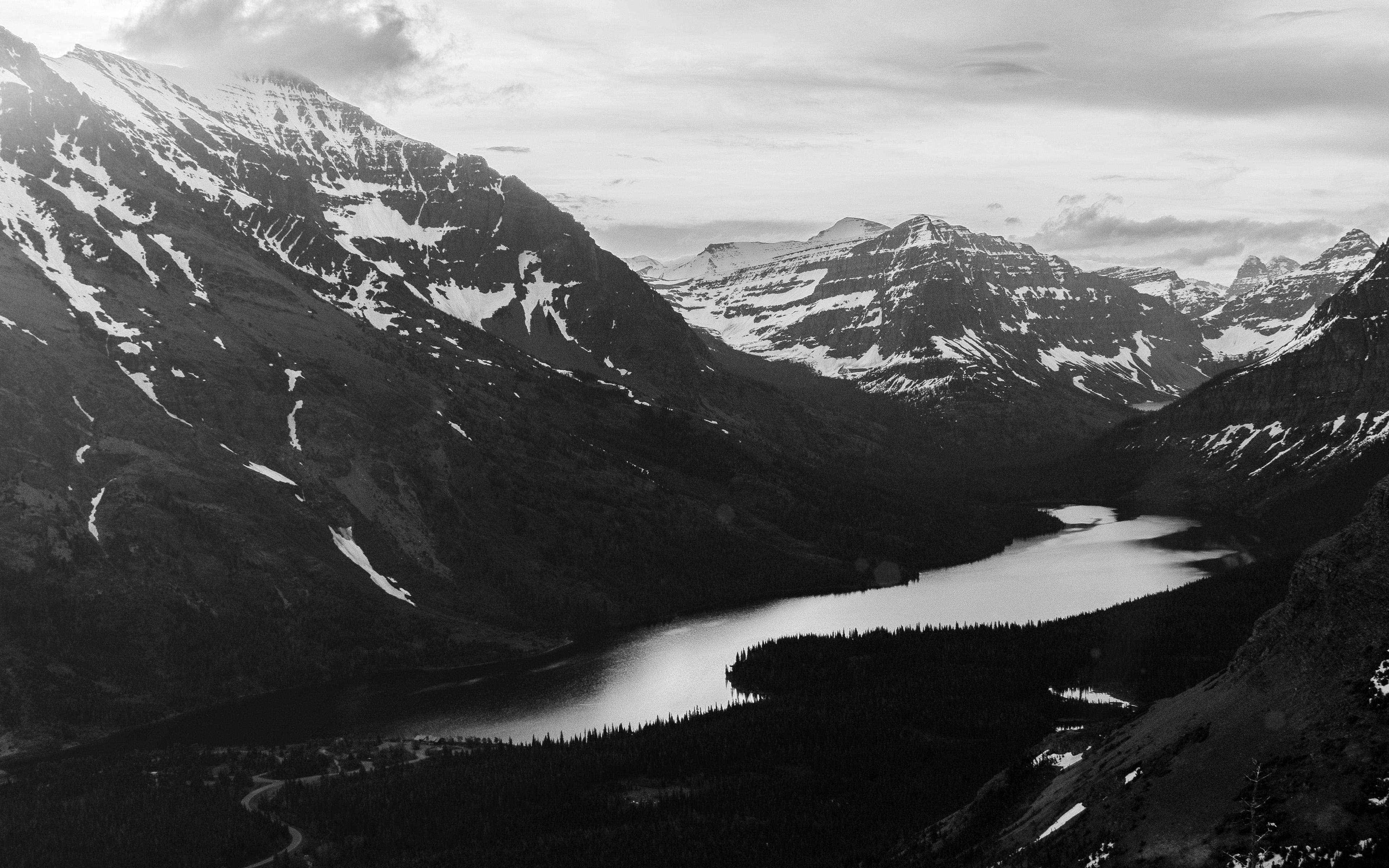 3840x2400 Sunset Mountain River Nature Dark Bw Forest Wallpaper