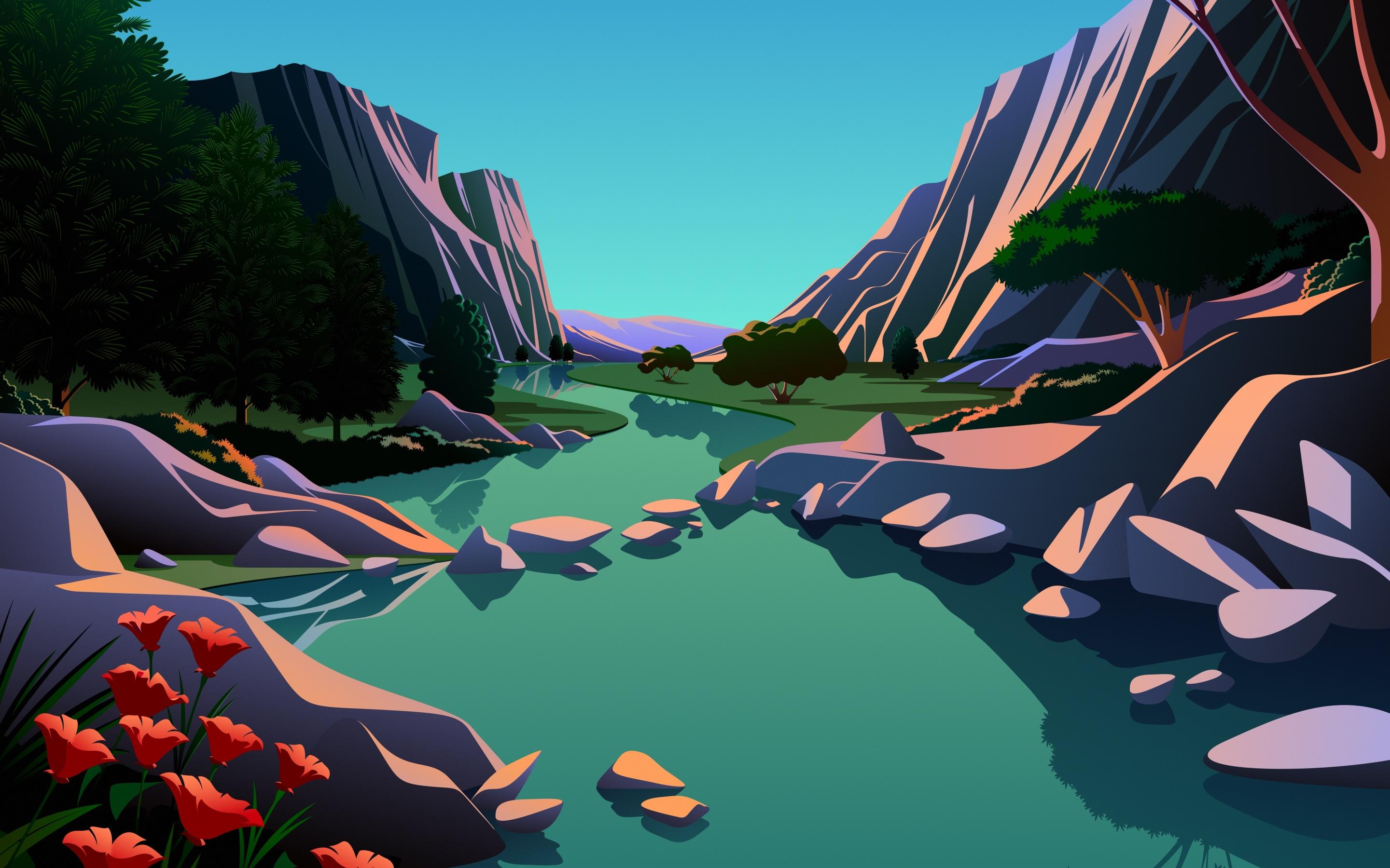 2880x1800 Lake Wallpaper 4K, Mountains, Rocks, Evening, Scenery, Illustration, Nature