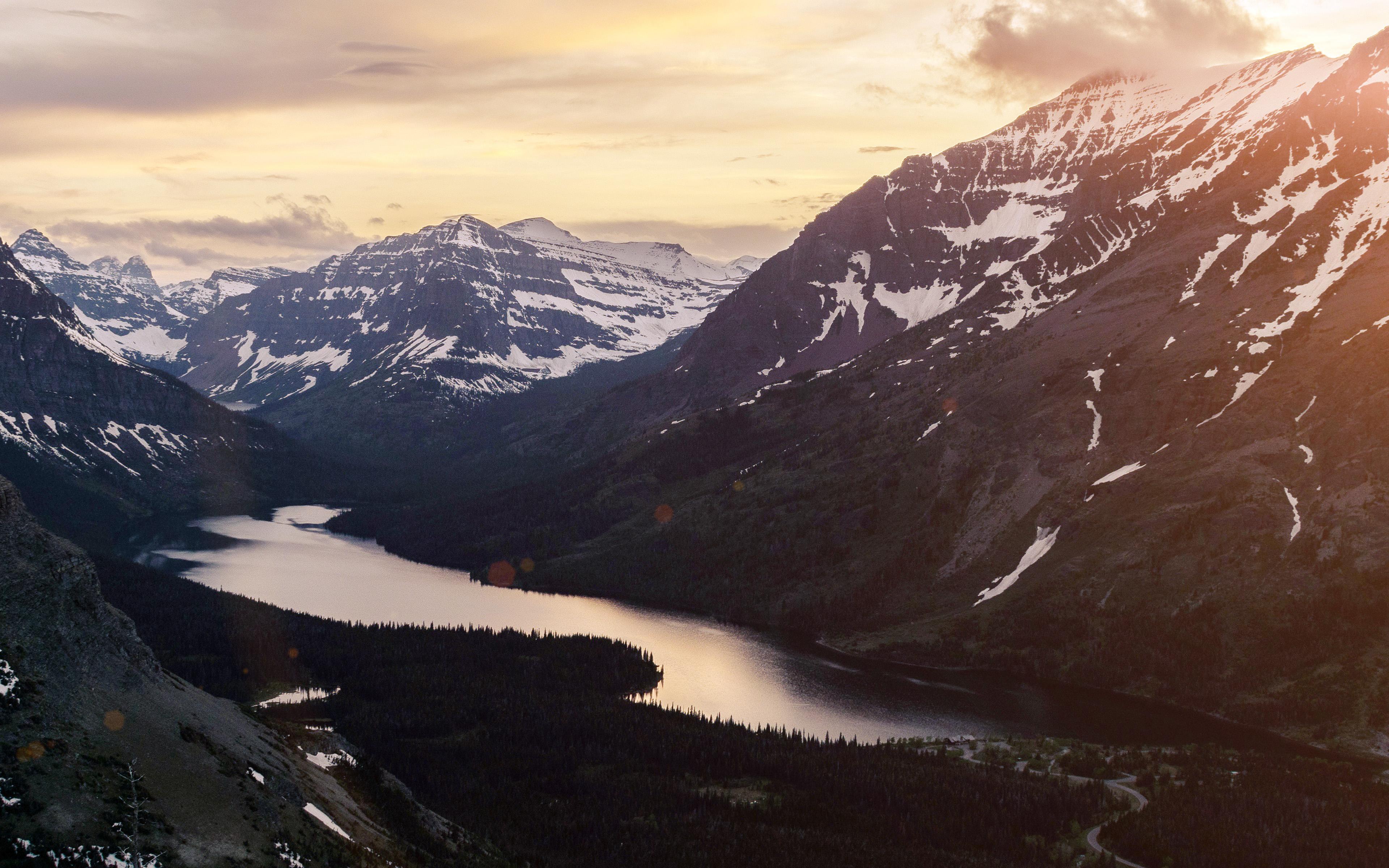 3840x2400 wallpaper for desktop, laptop. sunset mountain river nature dark flare forest