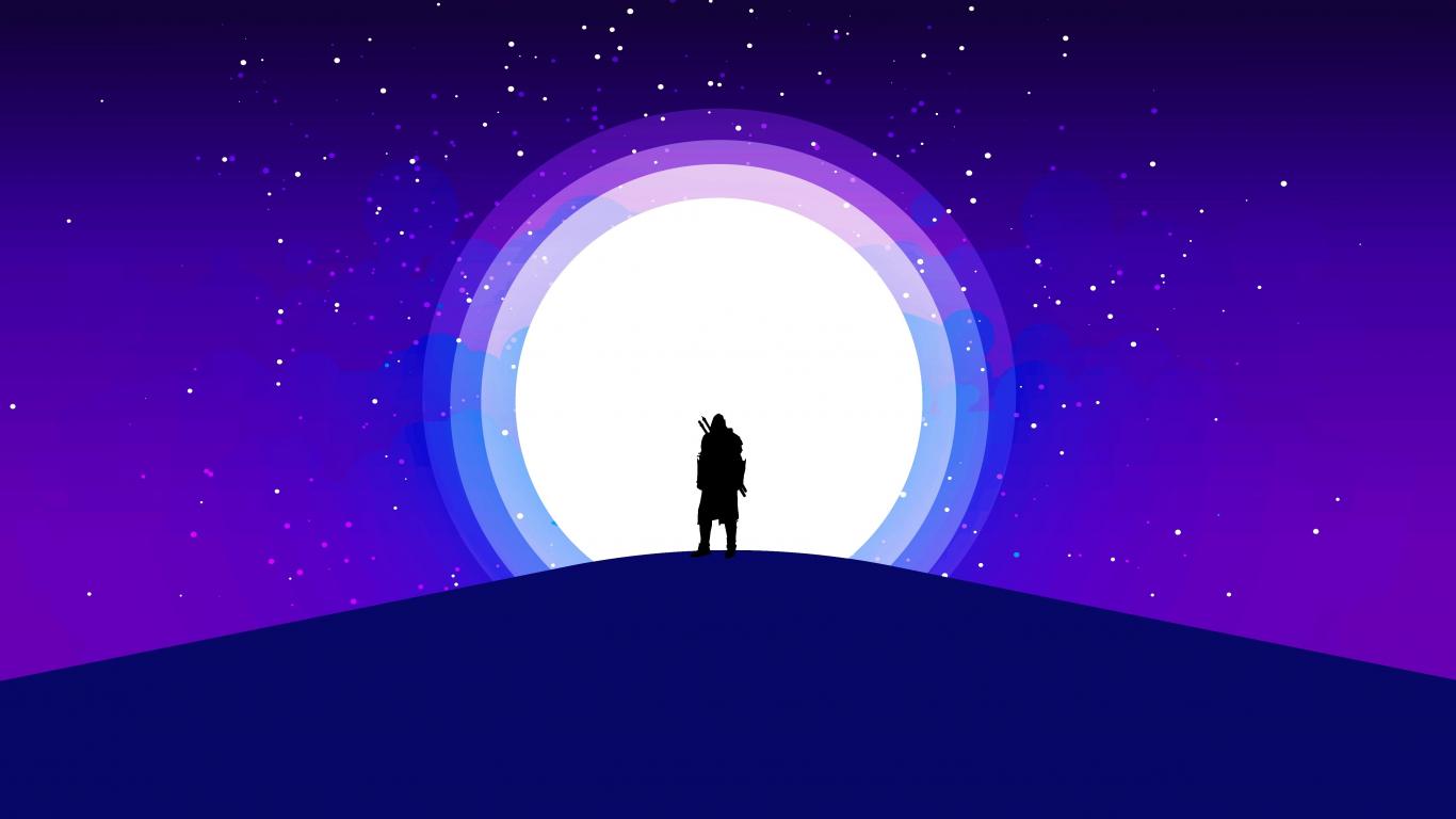 1366x768 Download 1366x768 wallpaper silhouette, moon, warrior, purple sky, tablet, laptop, 1366x768 HD image, background, 15105