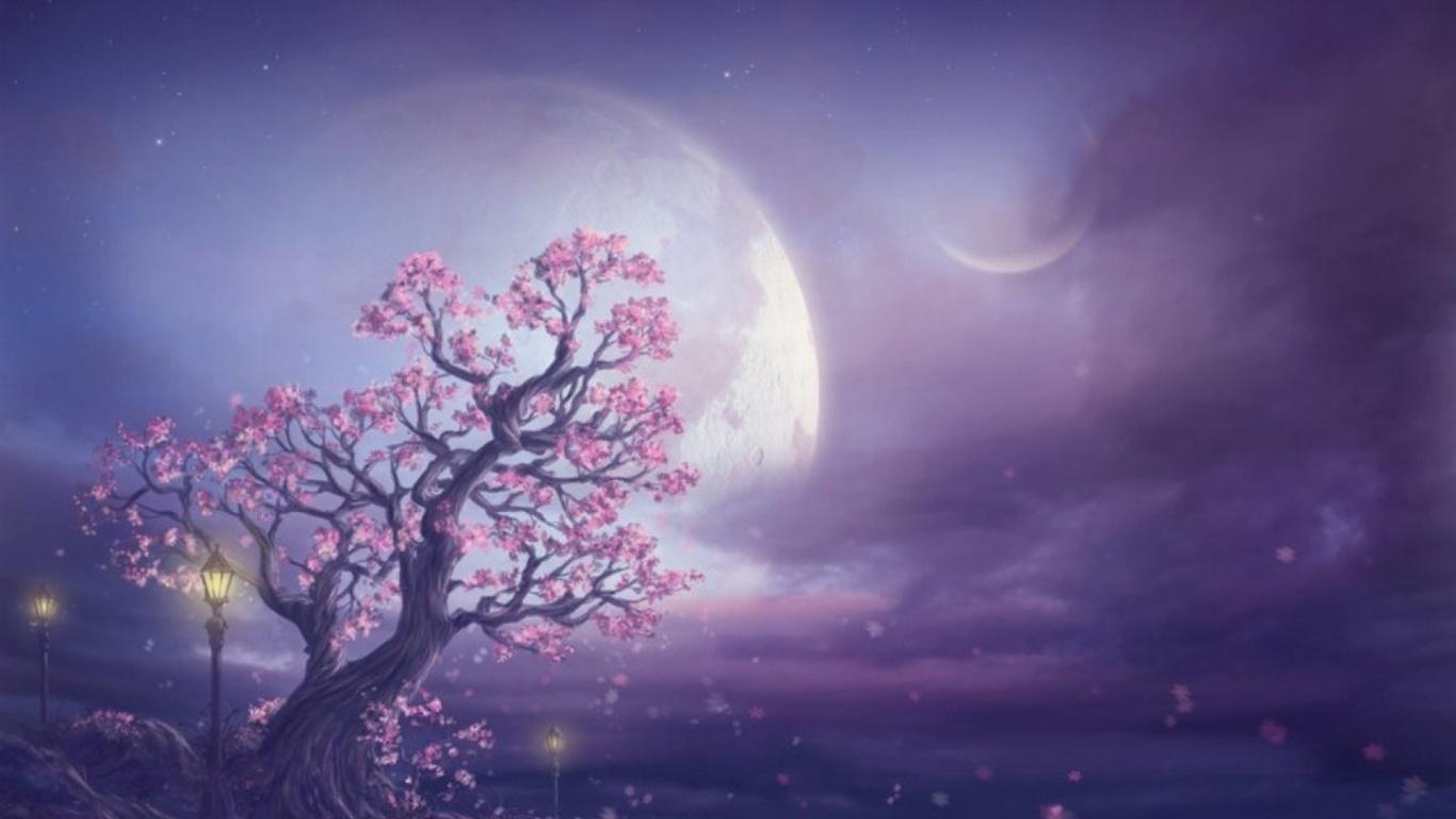 1366x768 Pink Tree Moon & Purple Sky desktop PC and Mac wallpaper