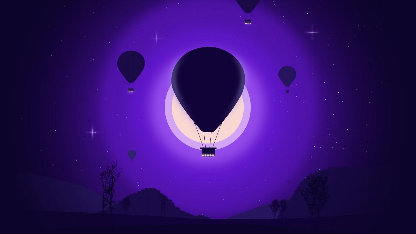 1366x768 Download Hot Air Balloon, Purple Dark Sky, Silhouette Wallpaper, 1366x Tablet, Laptop