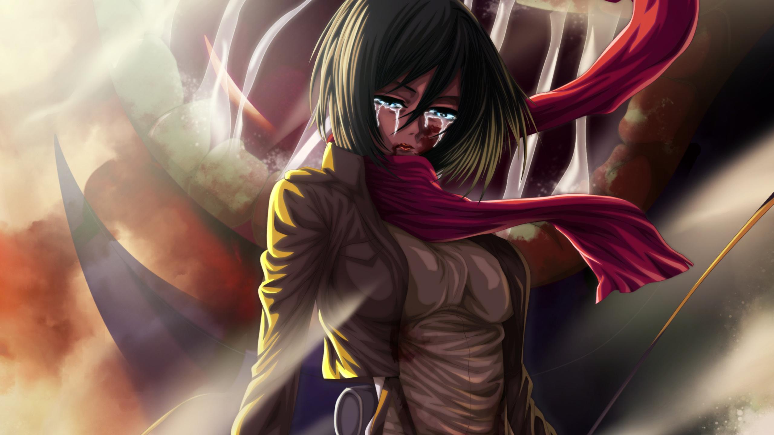 2560x1440 Attack On Titan Mikasa Ackerman Crying With Red Scarf HD Anime Wallpaper