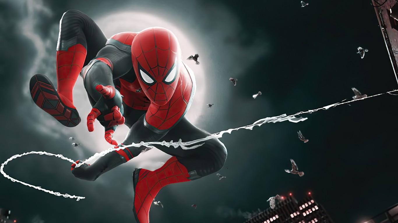 1366x768 Download 1366x768 Spider Man, Marvel Comics, Jumping, Moon, Birds Wallpaper For Laptop, Notebook