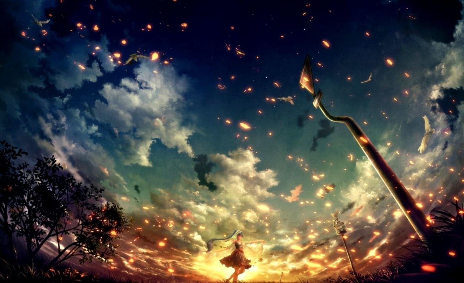 1600x978 Anime Clouds Trees Lake Sunset Wallpaper HD Desktop Sunset Wallpaper HD