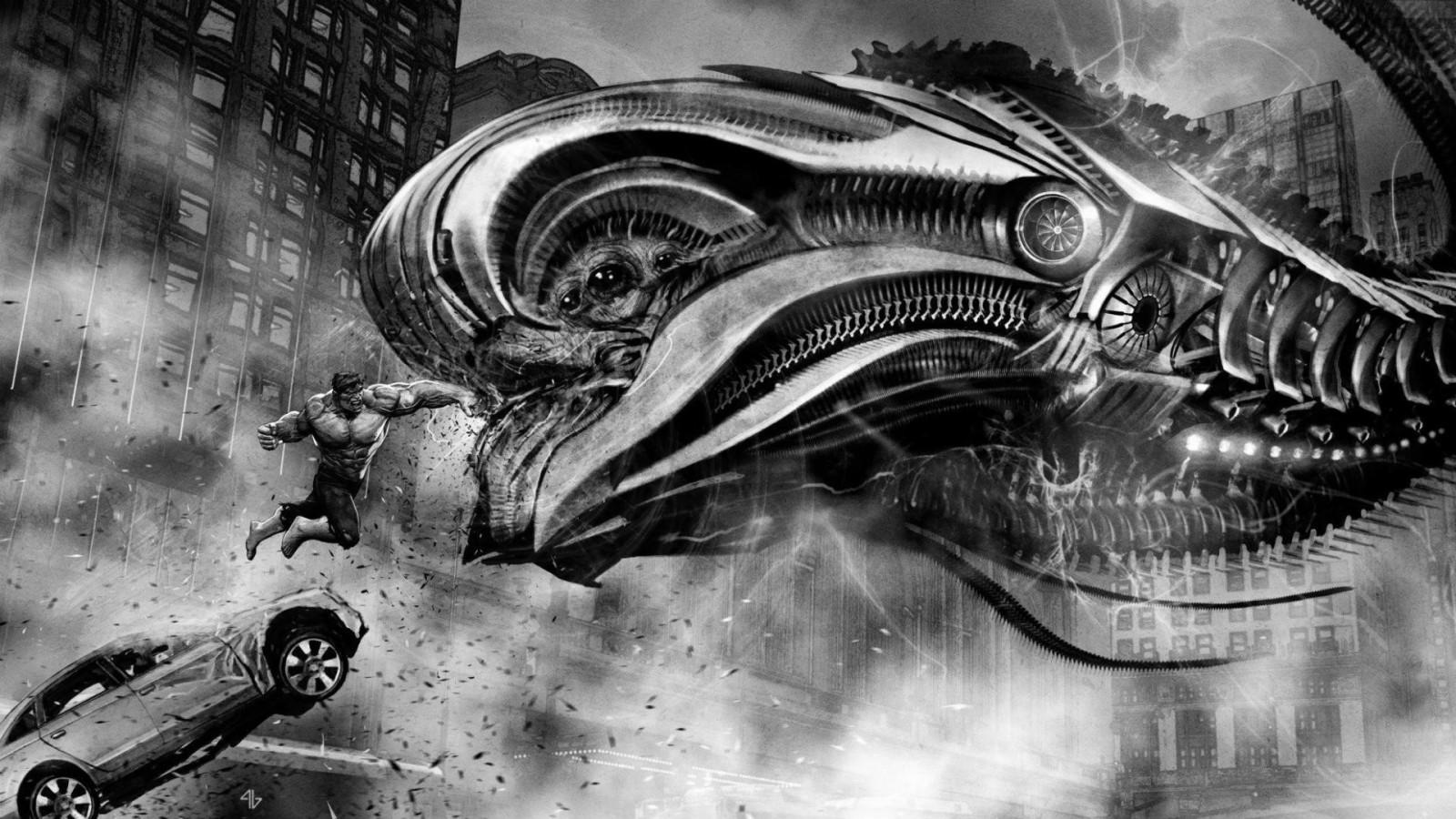 1600x900 drawing, illustration, monochrome, fantasy art, vehicle, concept art, Hulk, The Avengers, ART, sketch, screenshot, computer wallpaper, black and white, monochrome photography. Mocah HD Wallpaper