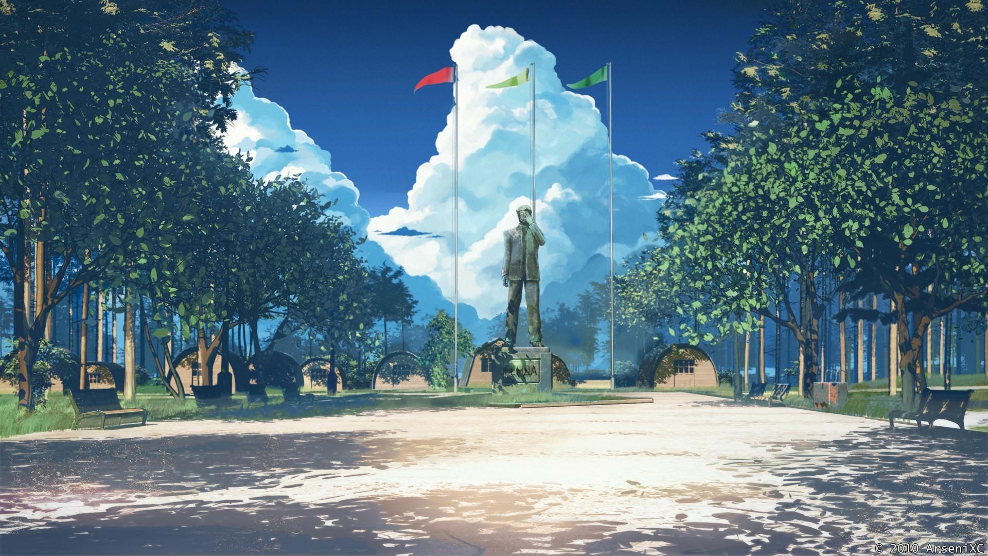 1920x1080 #flag, #Everlasting Summer, #clouds, #landscape, #bench, #blue, #ArseniXC, #statue, #Soviet Games (everlasting Summer), #anime, wallpaper. Mocah HD Wallpaper