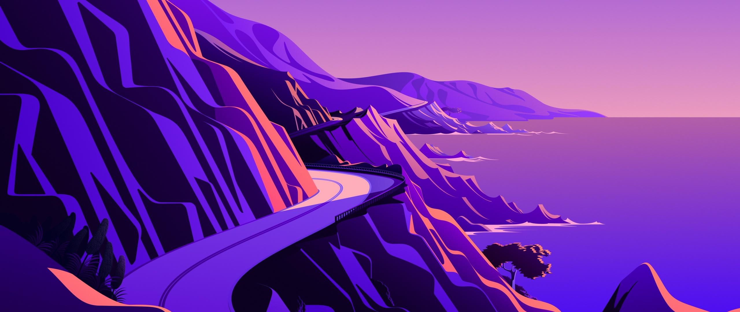 2560x1080 Coastline Wallpaper 4K, Mountain pass, Road, Twilight, Sunset, Scenery, Nature
