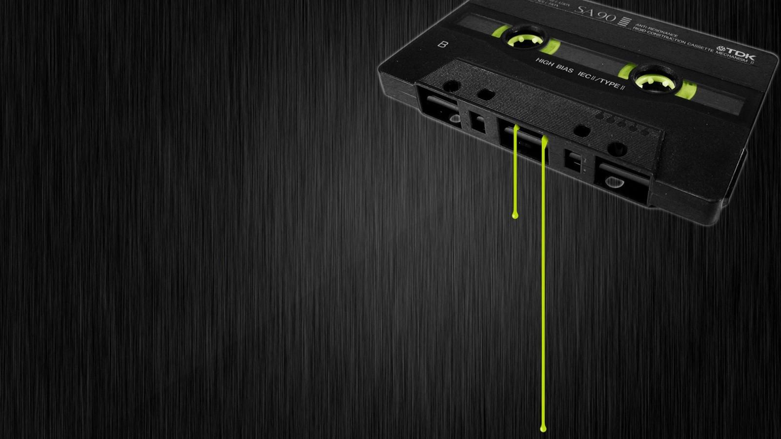 1600x900 black, digital art, selective coloring, music, green, technology, audio cassete, cassette, laser, electronics, light, lighting, darkness, screenshot, computer wallpaper, font High quality walls