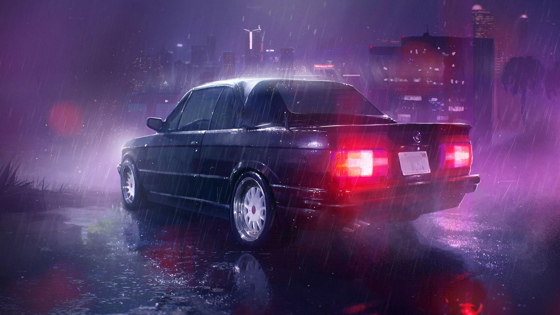 1920x1080 Desktop wallpaper rain, neon lights, taillight, car, art, HD image, picture, background, 2eb8fb
