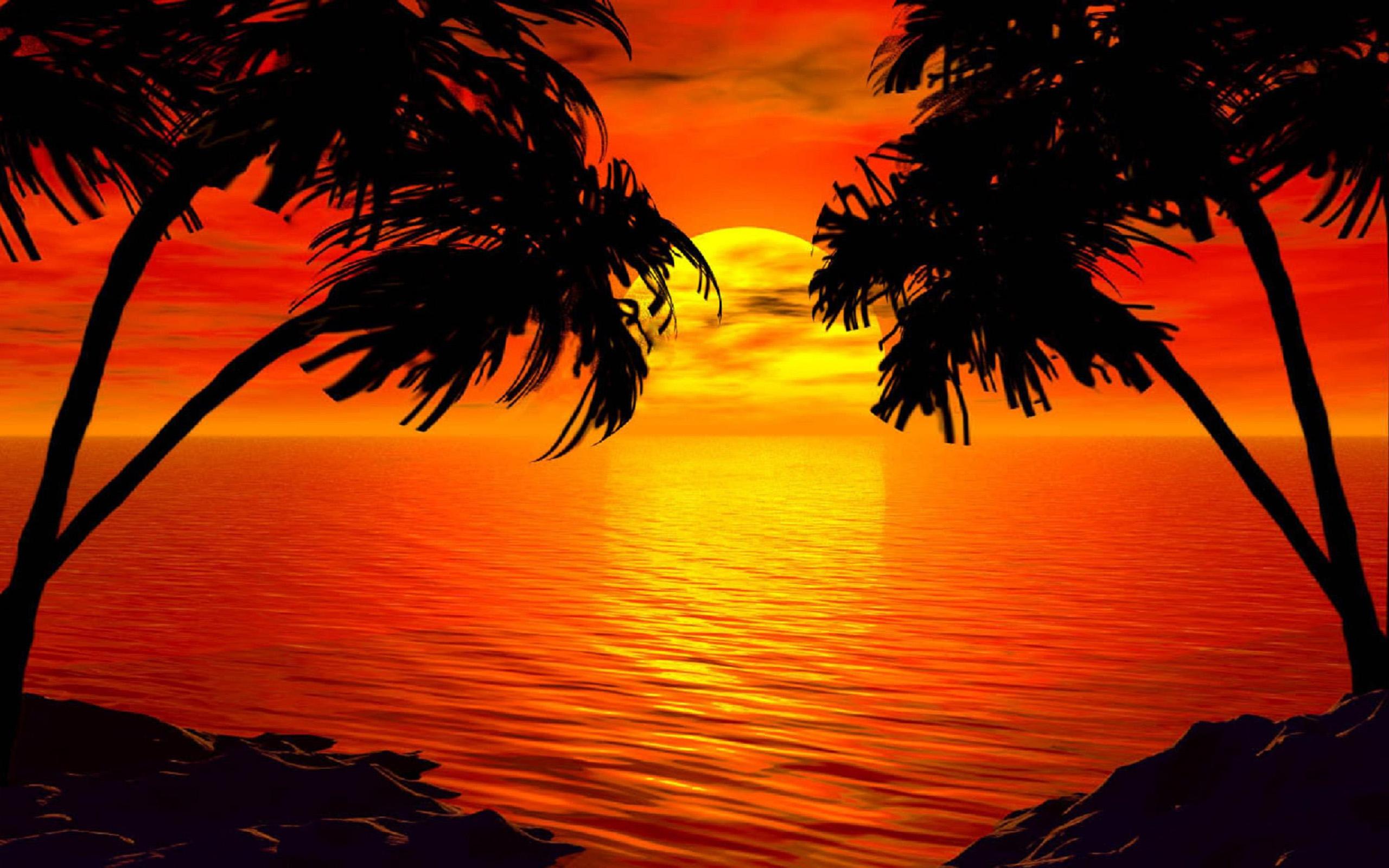 2560x1600 Paradise Sunset Tropical Island Palm Sea Red Sky HD Wallpaper 2560x1600 :
