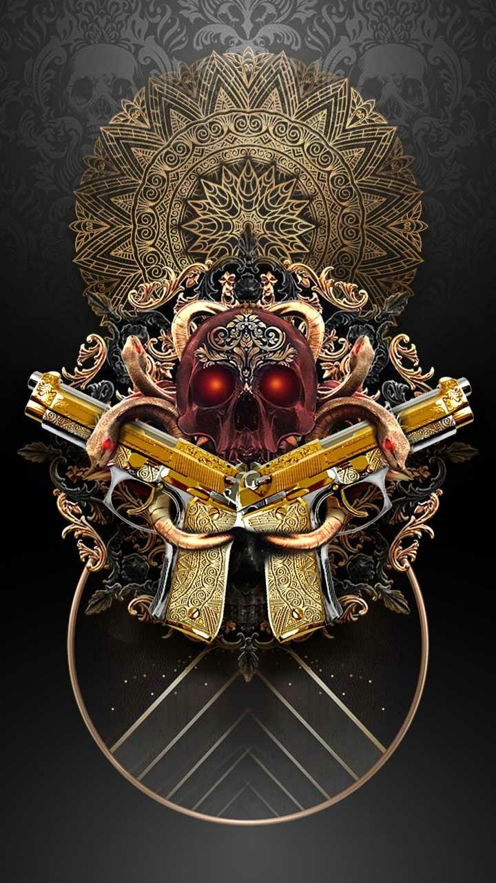 720x1280 2D Red Skull Golden Gun Wallpaper