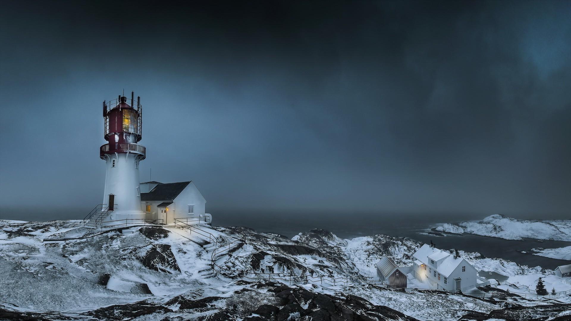1920x1080 nature, Landscape, Clouds, Trees, Norway, Lighthouse, Winter, Snow, Fence, Rock, Sea, Storm, House, Lights Wallpaper HD / Desktop and Mobile Background