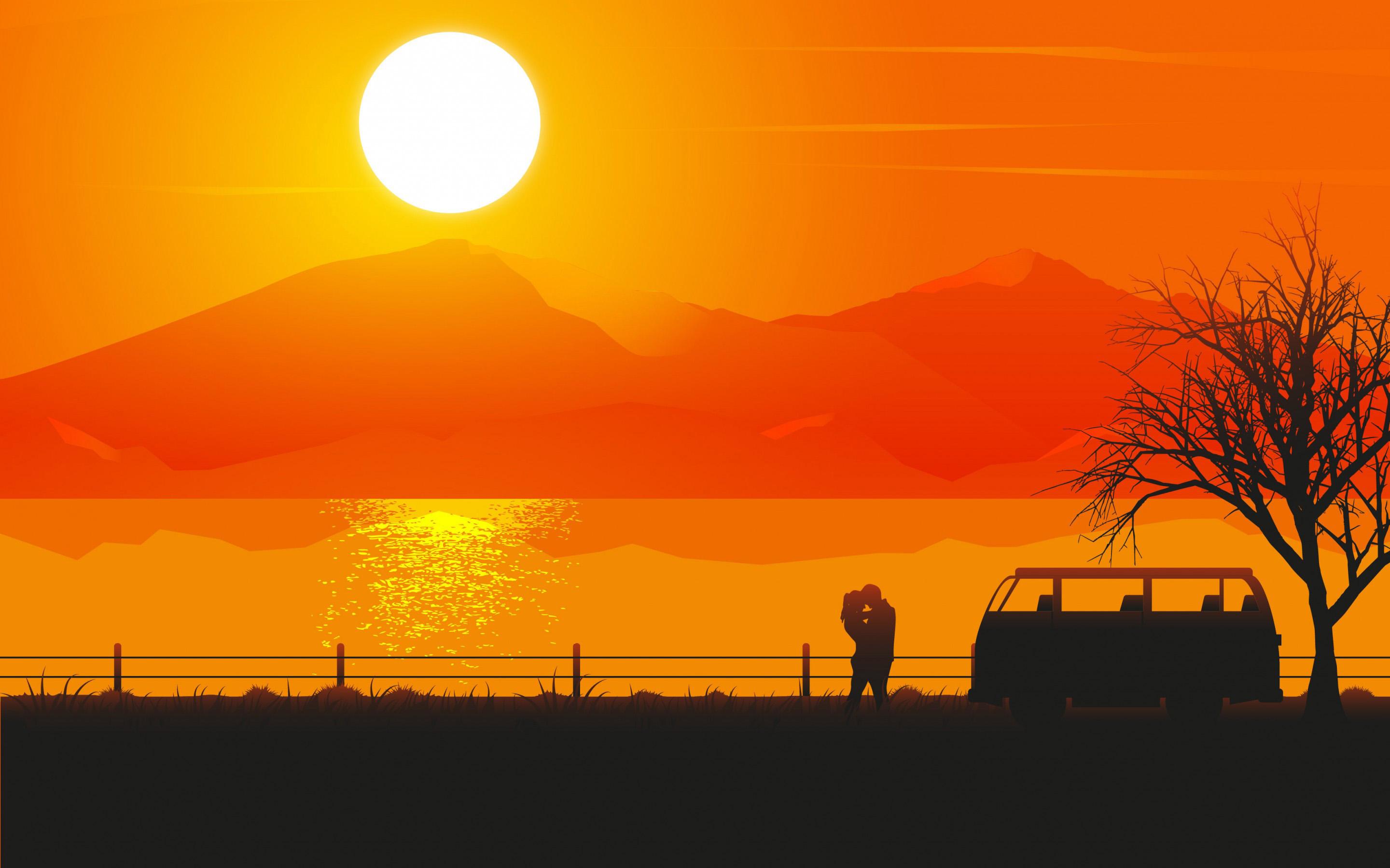 2880x1800 Download wallpaper love couple, abstract summer landscape, sunset, abstract nature background, summer, love concepts for desktop with resolution 2880x1800. High Quality HD picture wallpaper