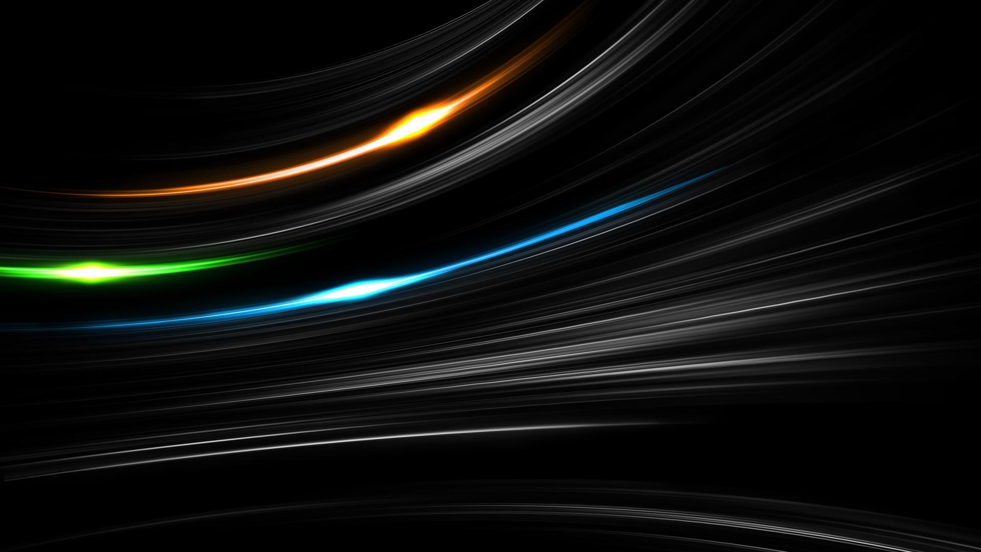 1920x1080 #selective coloring, #abstract, #beam, #wavy lines, #digital art, #minimalism, #green, #orange, #blue, #shapes, #black background, #lines, #glowing, wallpaper HD Wallpaper