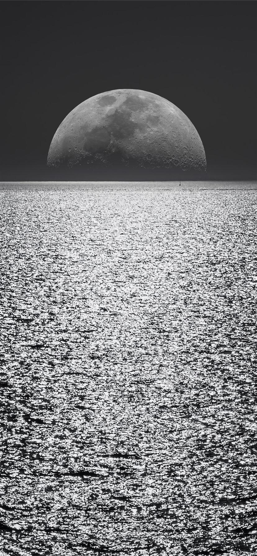 828x1792 black and white moon ocean during night time iPhone 11 Wallpaper Free Download