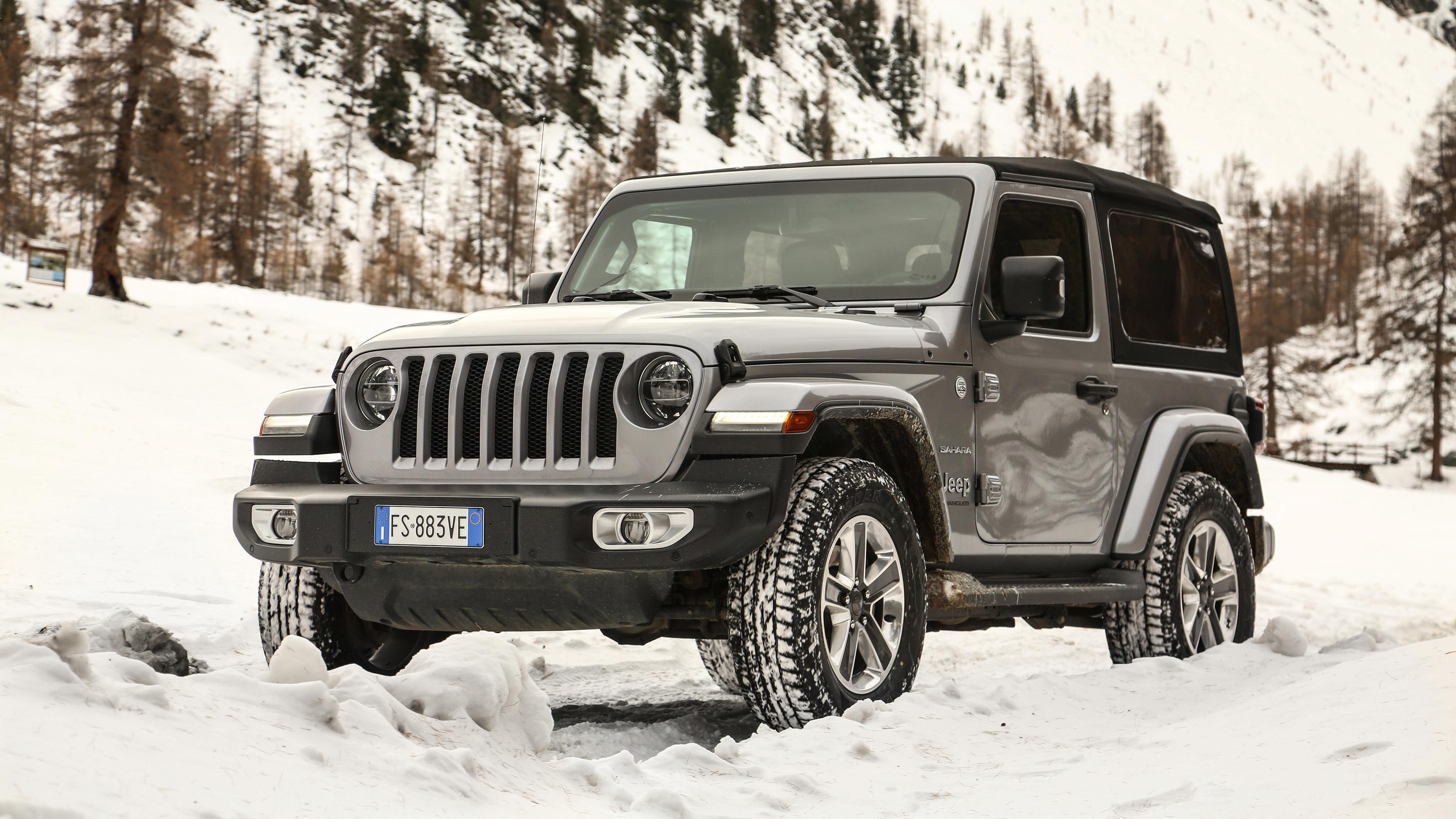 4096x2304 Jeep Wrangler Sahara 2019 Gray Side View Snow 4k