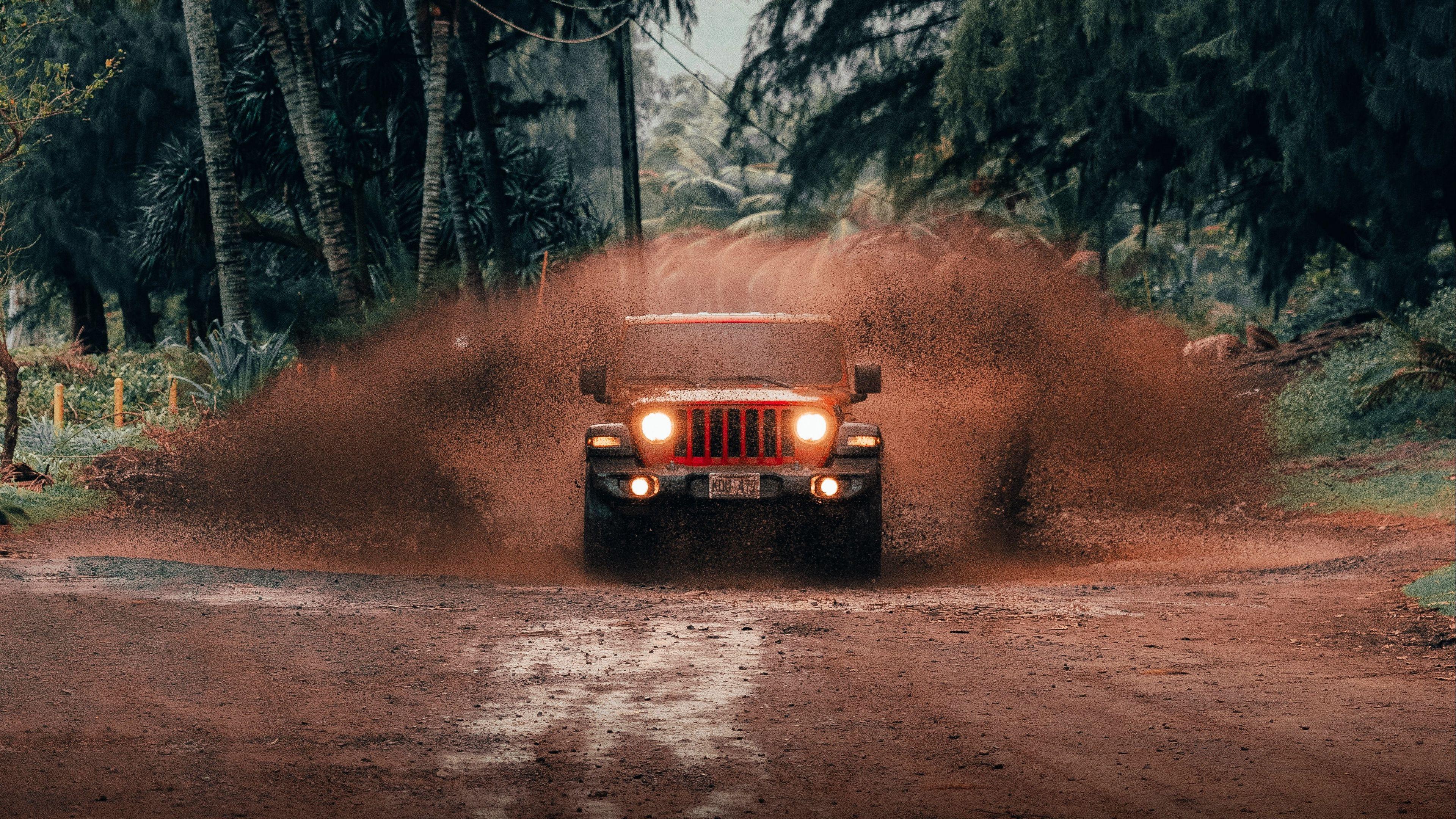 3840x2160 Download wallpaper 3840x2160 jeep wrangler, jeep, car, suv, red, tropics 4k uhd 16:9 HD background