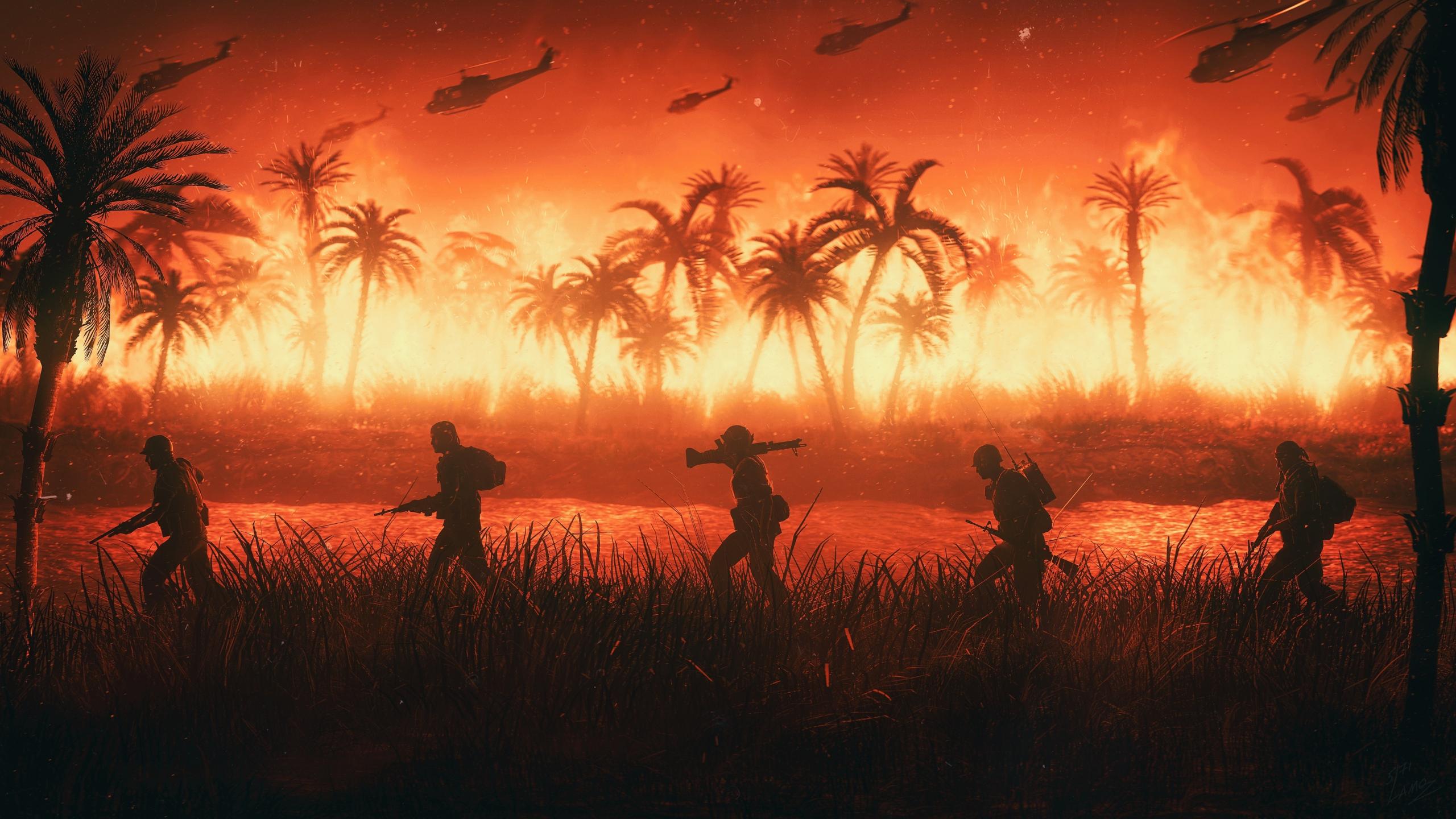 2560x1440 Download 2560x1440 wallpaper vietnam, soldiers, night, battle, landscape, pal trees, fire, art, dual wide, widescreen 16: widescreen, 2560x1440 HD image, background, 18331