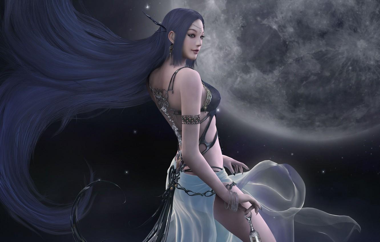 1332x850 Wallpaper decoration, night, magic, the moon, beauty, stars, flight, beauty, goddess, game wallpaper, Hyung Jun Kim, Eun Нee Сhoi, Shaiya, Light and Darkness, Light and Darkness, flowing hair image for desktop, section