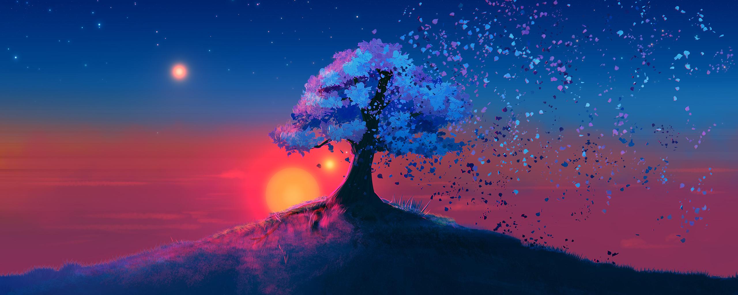 2560x1024 Download 2560x1024 wallpaper dark, tree, sunset, landscape, art, dual wide, wide 21: widescreen, 2560x1024 HD image, background, 18412