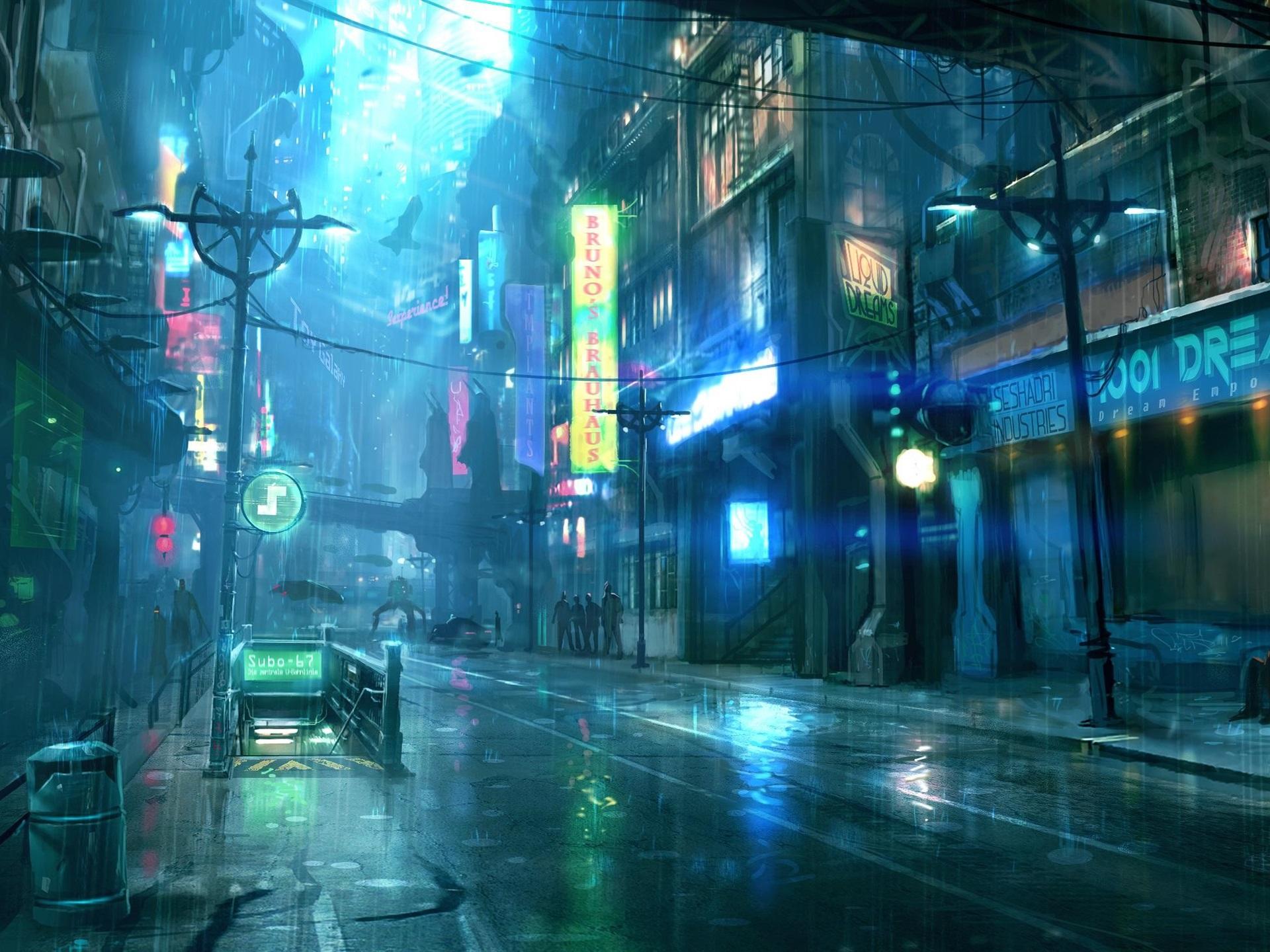 1920x1440 Wallpaper Rainy night city, street, buildings, art design 2560x1440 QHD Picture, Image