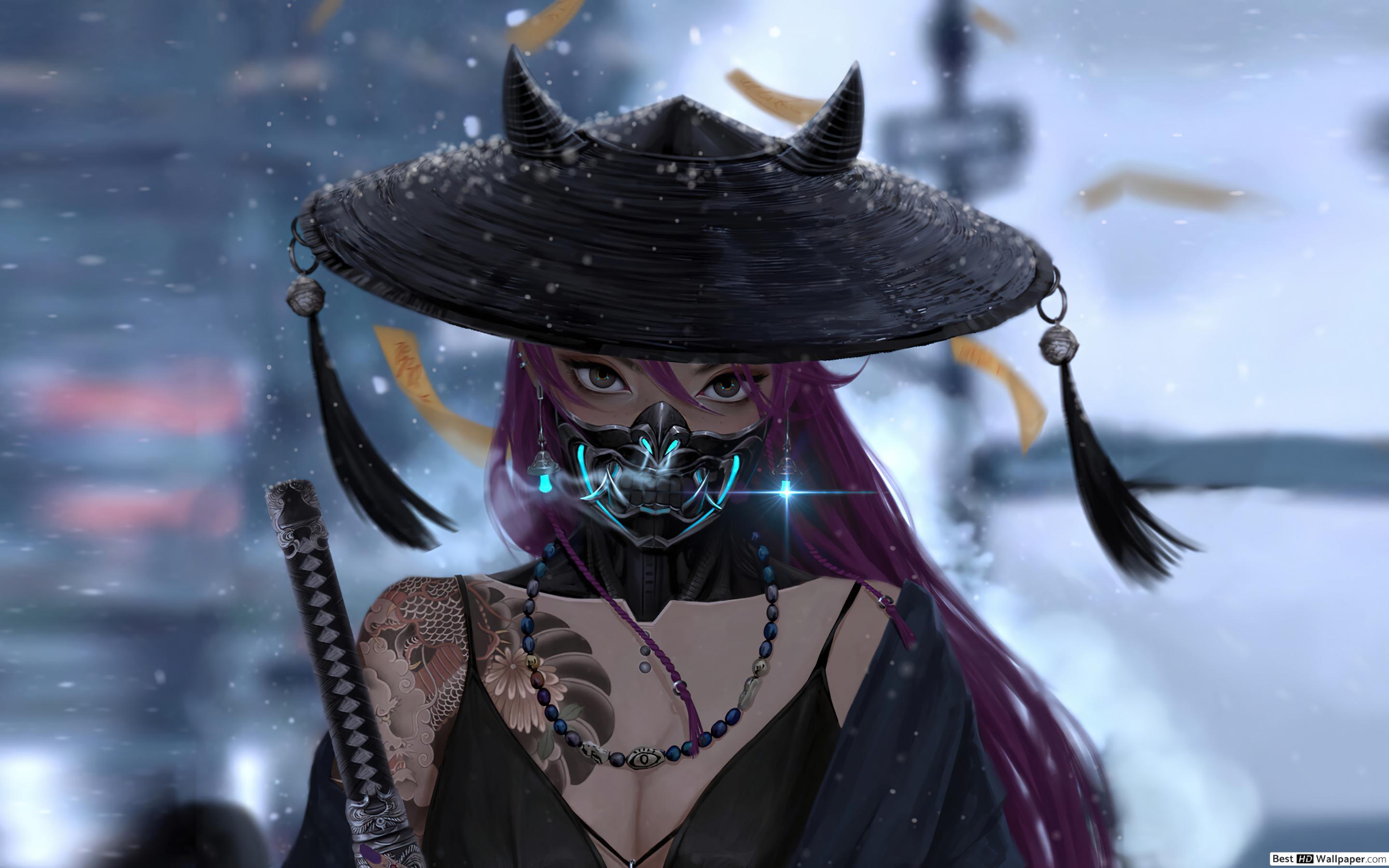 2880x1800 Oni Mask Samurai Girl (Cyberpunk Art) HD wallpaper download