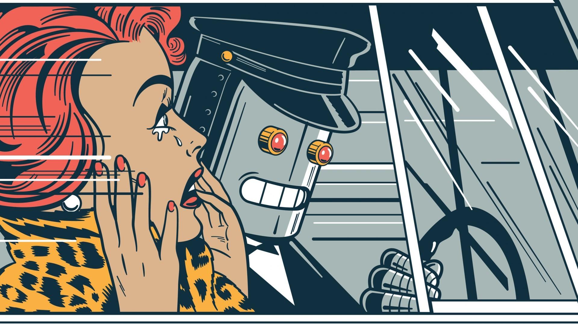 1920x1080 Digital Art Robot Futuristic Drawing Redhead Vintage Driver Hat Pop Art Wallpaper:1920x1080