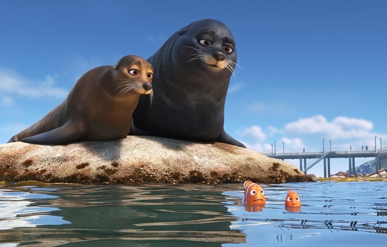 1332x850 Wallpaper cinema, animation, wallpaper, Disney, Pixar, seal, sky, sea, bridge, water, cloud, cartoon, movie, animal, fish, film image for desktop, section фильмы