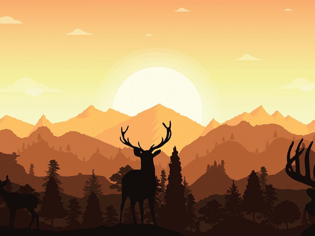 1024x768 Desktop wallpaper sunset, horns, deer, silhouette, HD image, picture, background, 739bf7