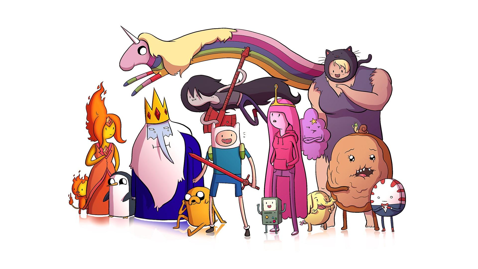 1920x1080 #Jake the Dog, #Marceline the vampire queen, #Lady Rainicorn, #simple background, #BMO, #Flame Princess, #Adventure Time, #Princess Bubblegum, #Finn the Human, #Ice King, #Gunter, #white background, #Lumpy Space Princess, #cartoon, #colorful