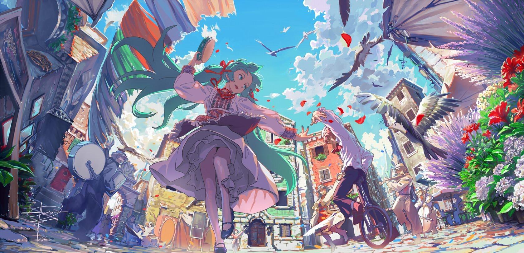 1680x813 #anime, #musical instrument, #festivals, #flowers, #birds, #dancing, #anime girls, wallpaper. Mocah HD Wallpaper