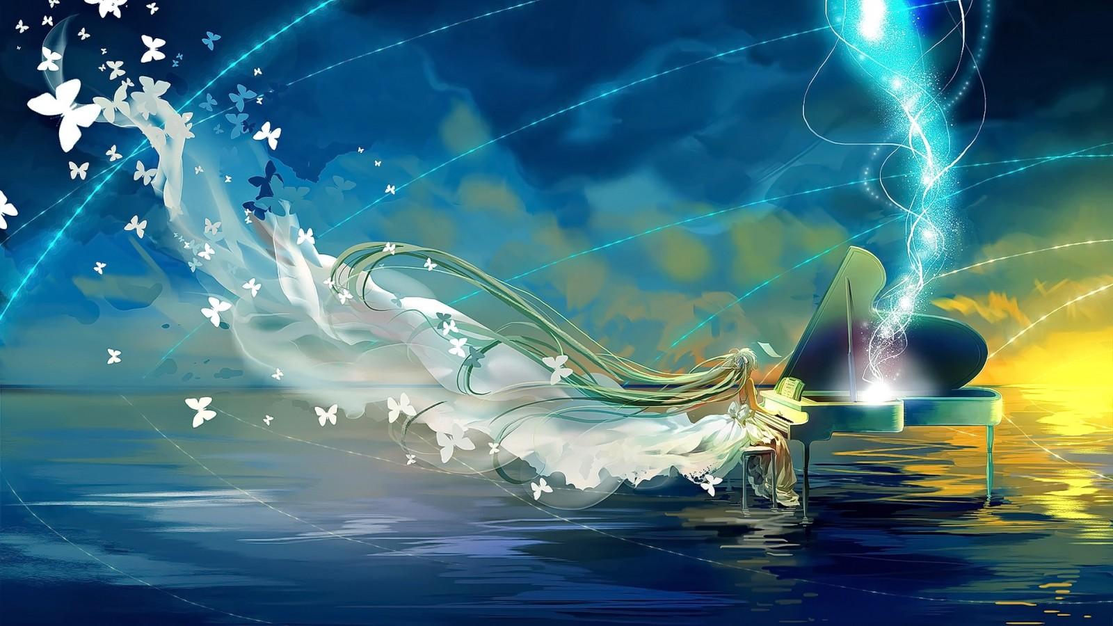 1600x900 illustration, looking away, long hair, anime, anime girls, reflection, sky, musical instrument, clouds, butterfly, piano, screenshot, computer wallpaper. Mocah HD Wallpaper