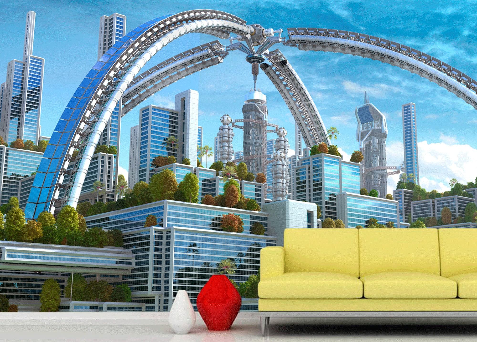 2000x1436 Fantasy Future City Wallpaper Peel and Stick Wall Mural