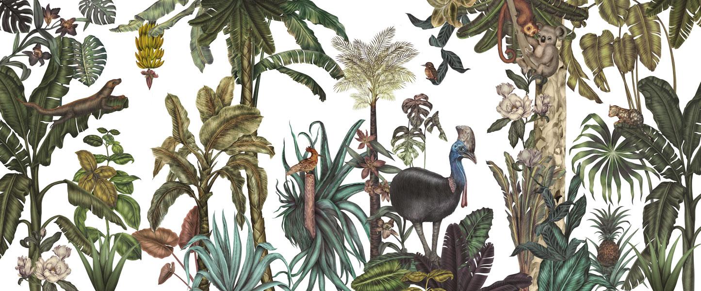 1445x600 White & Green Fun Jungle Animal Wallpaper Mural