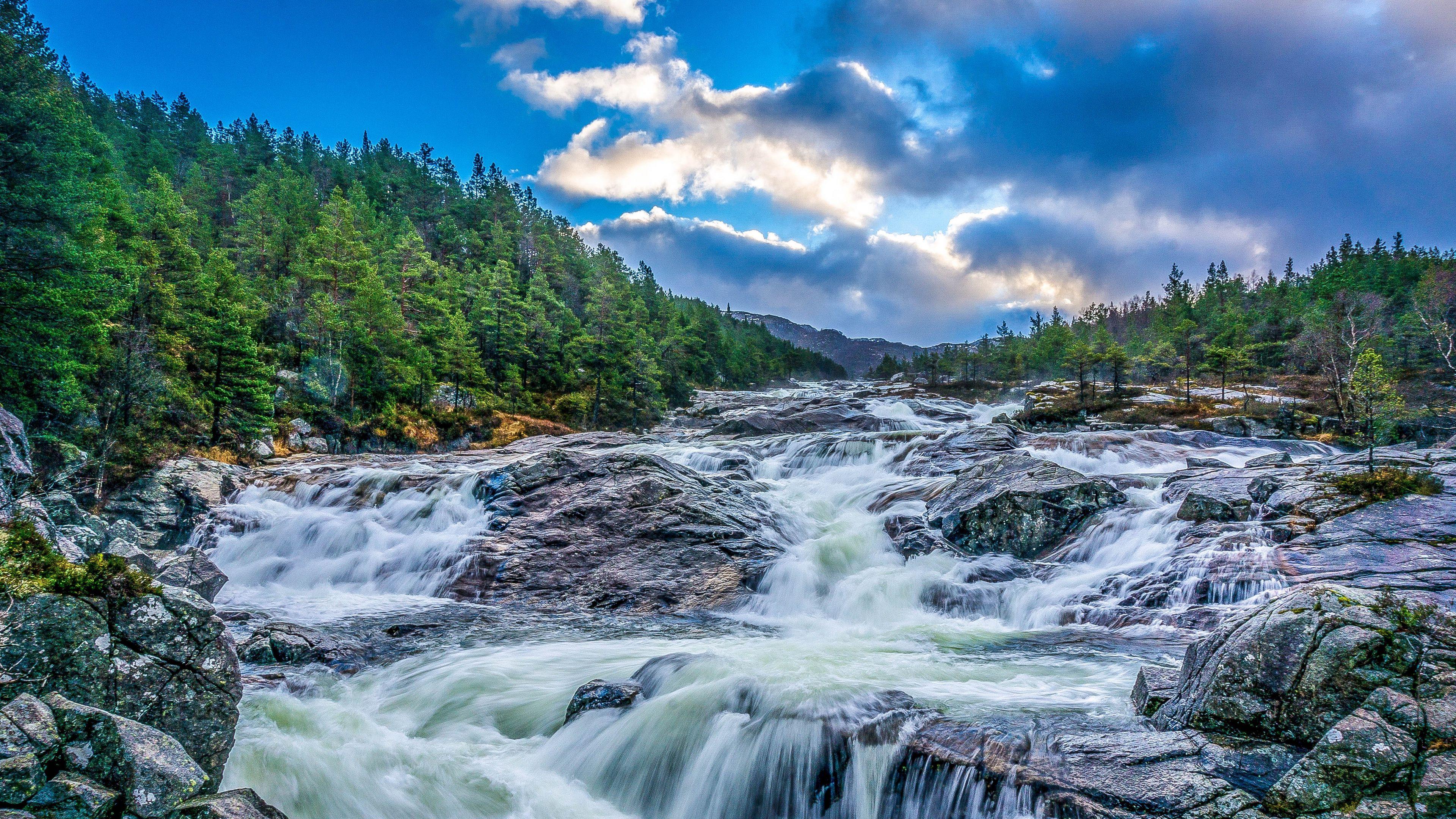 3840x2160 Download wallpaper 3840x2160 waterfall, stones, rocks, landscape, night, trees 4k uhd 16:9 HD background