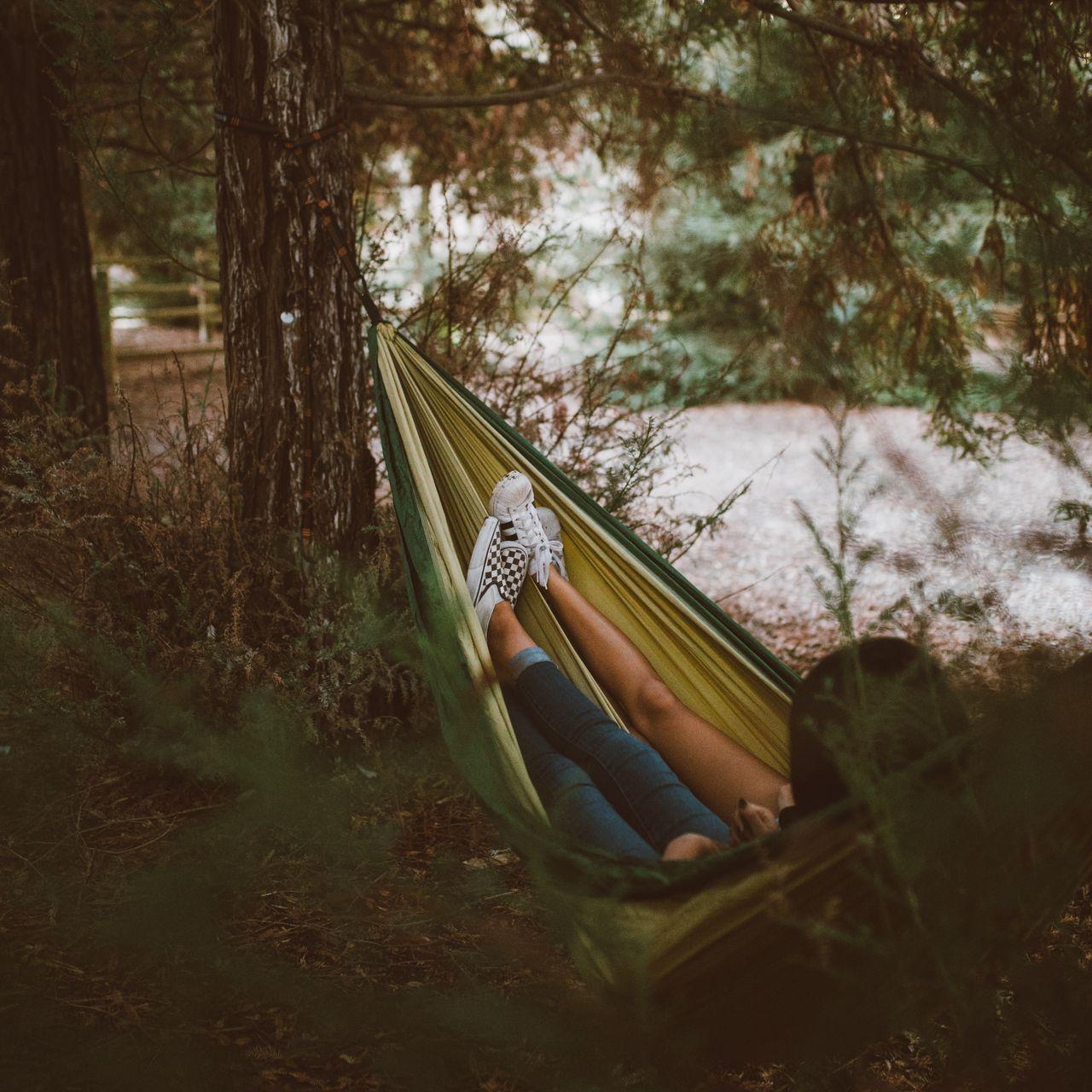 1280x1280 Download wallpaper 1280x1280 hammock, legs, camping, recreation, forest, travel ipad, ipad ipad mini for parallax HD background