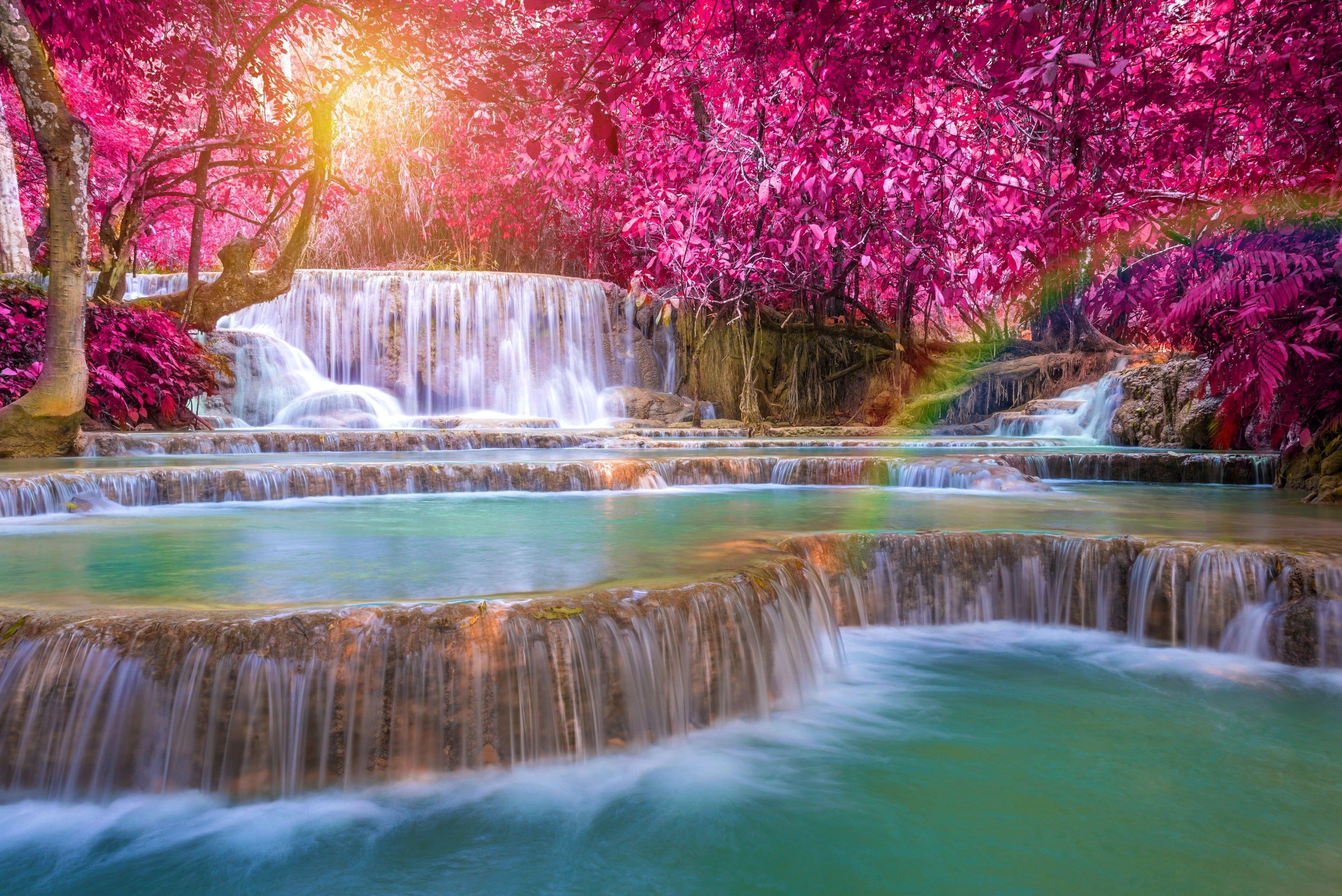 3225x2153 waterfalls wallpaper, landscape photography of waterfalls #waterfall #trees #fall #Laos #rainbows long exposure. Waterfall wallpaper, Waterfall, Waterfall wall