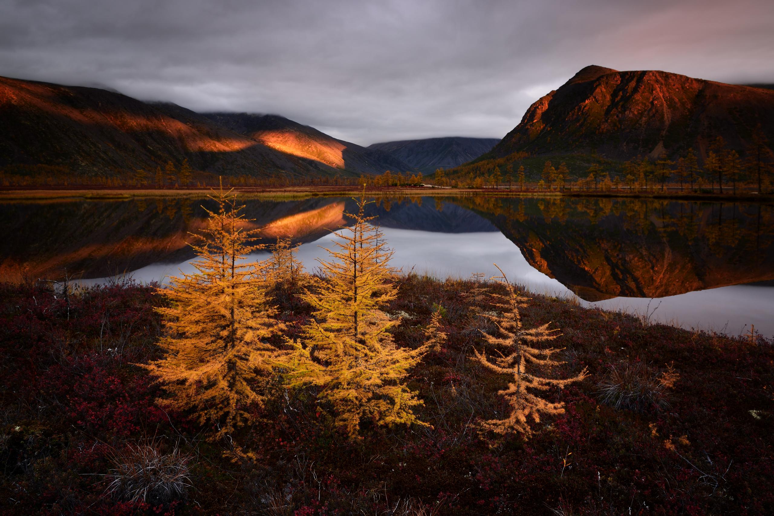 2560x1708 Autumn Lake Reflections Fall Clouds Nature Russia 1366x768 Resolution HD 4k Wallpaper, Image, Background, Photo and Picture