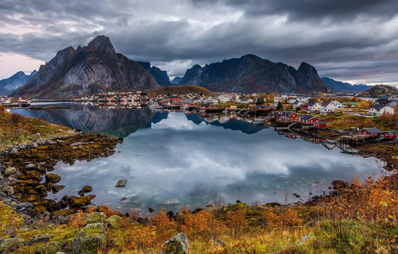 1332x850 Wallpaper autumn, clouds, light, landscape, mountains, clouds, nature, reflection, stones, shore, vegetation, Norway, houses, pond, the village, frowning image for desktop, section пейзажи