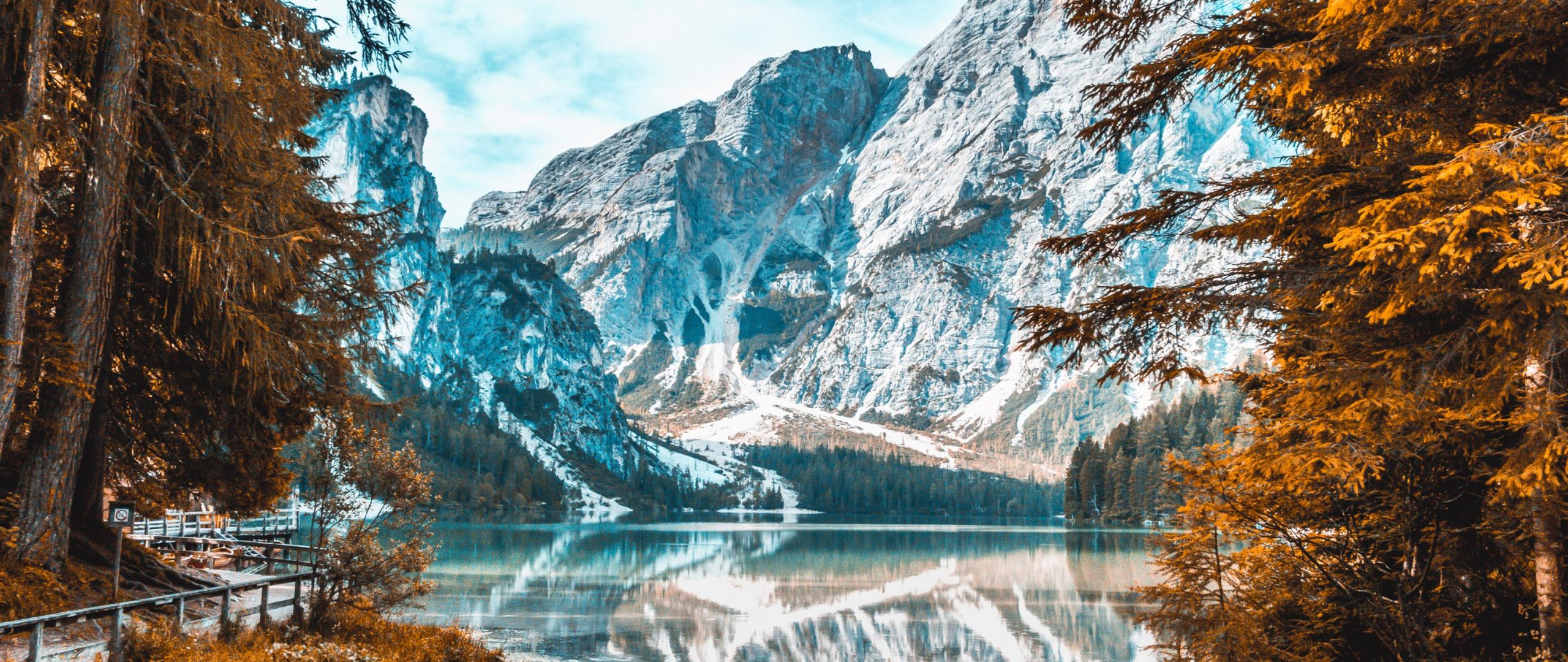 2560x1080 Download Snow Capped Mountain, Lake, Forest, Nature, Autumn Wallpaper, 2560x Dual Wide, Widescreen