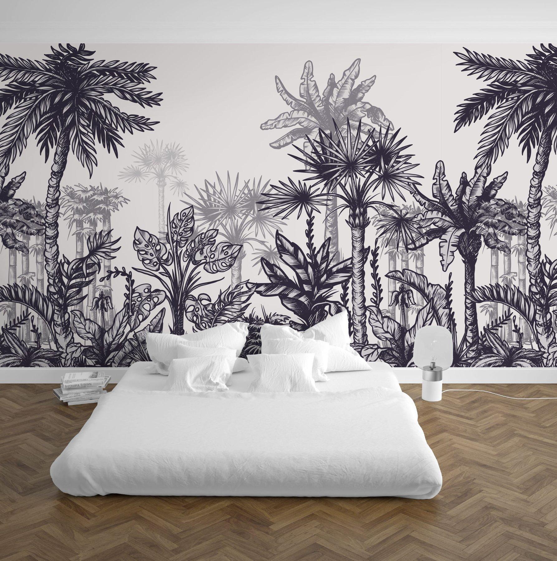 1788x1800 Black and White Palm Tree Mural Wallpaper: Tropical Wallpaper