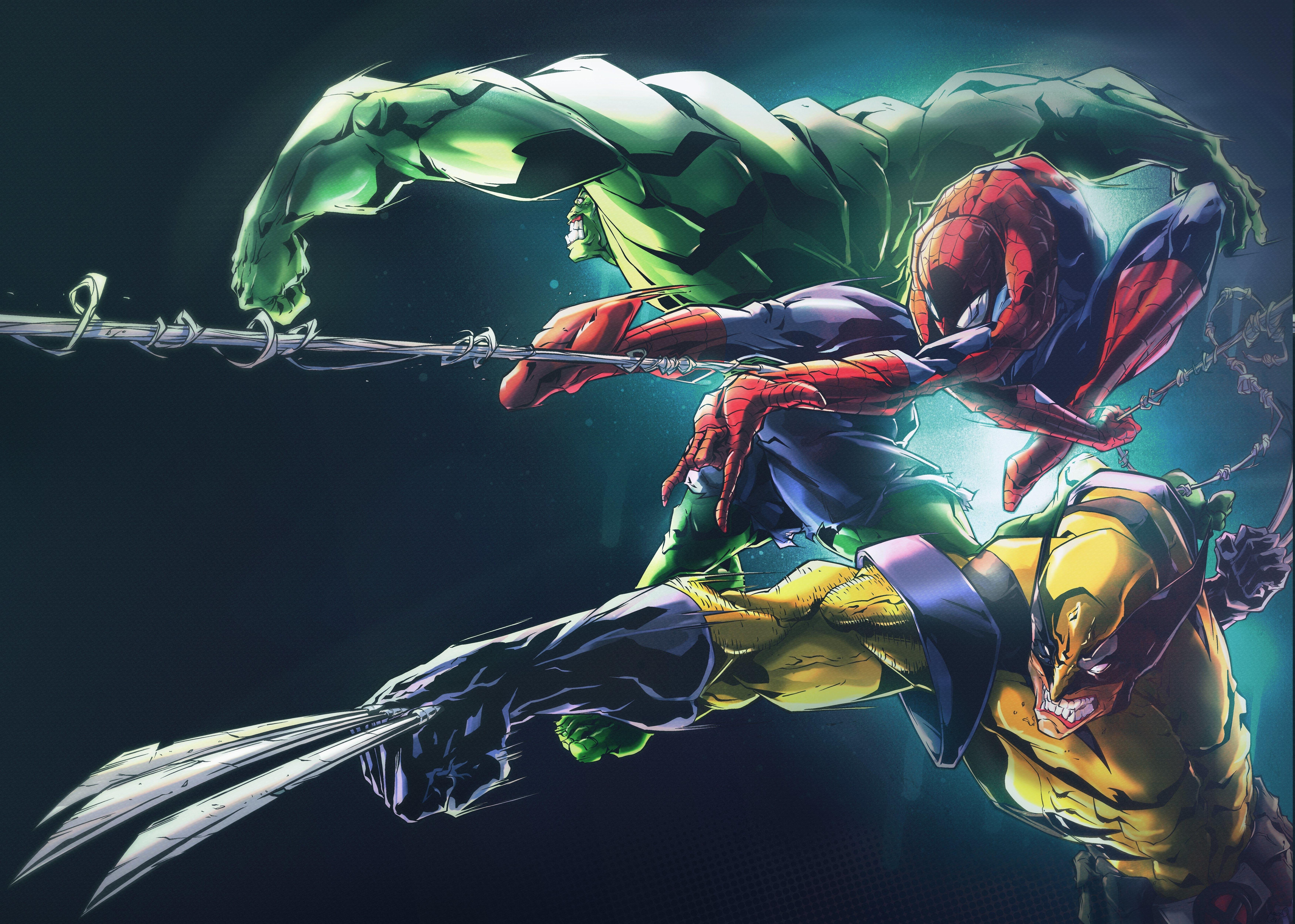 7004x4997 spiderman, hulk, wolverine, superheroes, artist, artwork, digital art, hd, 4k, 5k, 8k