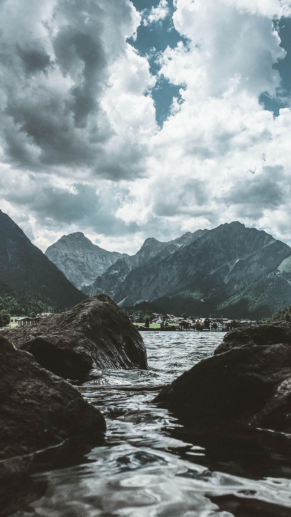 938x1668 Rain Mountain River Clouds Wallpaper