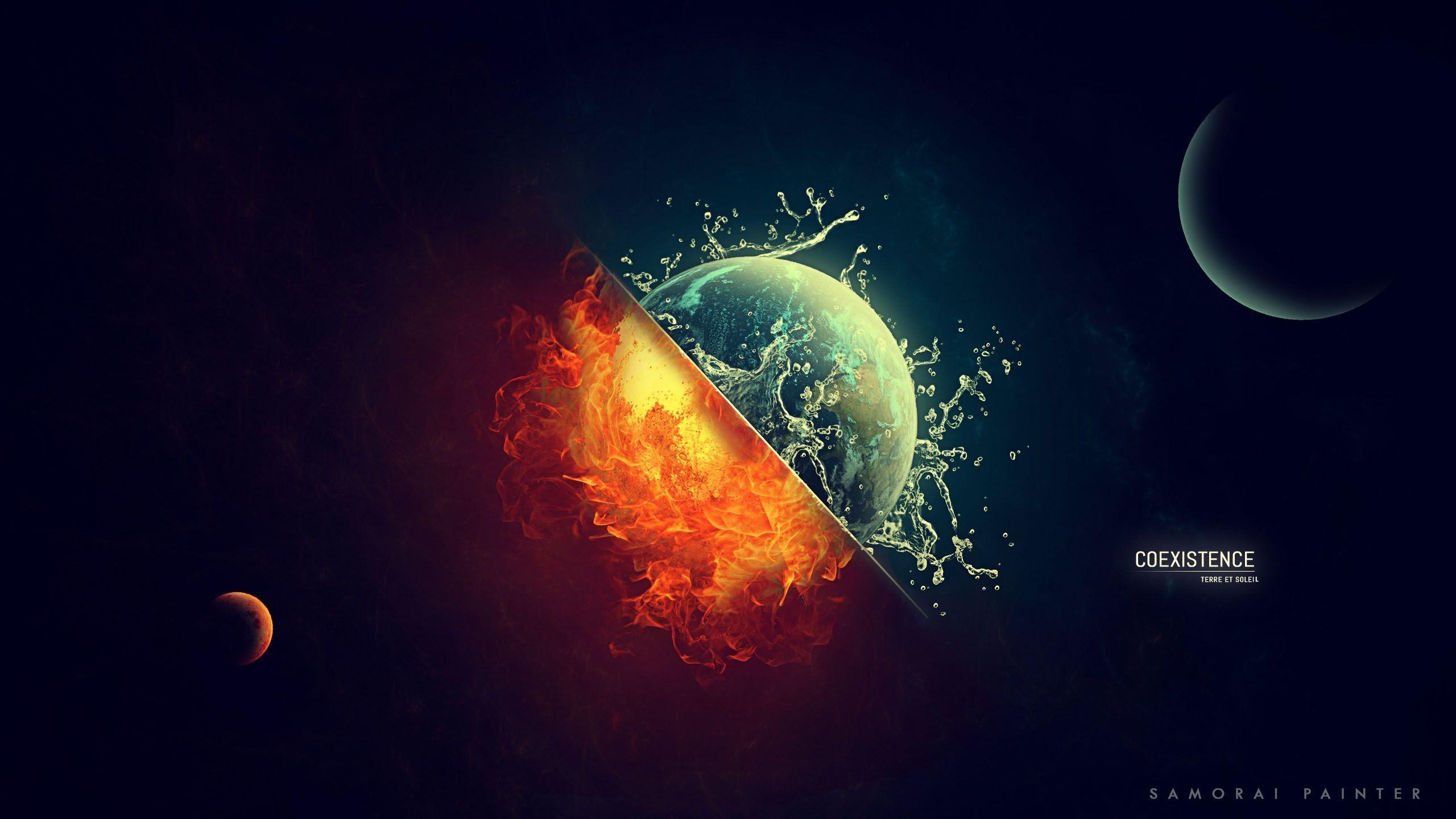 2560x1440 digital art space universe planet sun moon earth fire burning water splashes coexist wallpaper