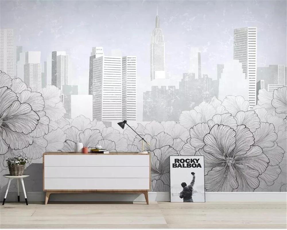 1000x800 beibehang Customized 3D wallpaper modern black and white city line drawing floral city architecture TV background wall wallpaper. Wallpaper