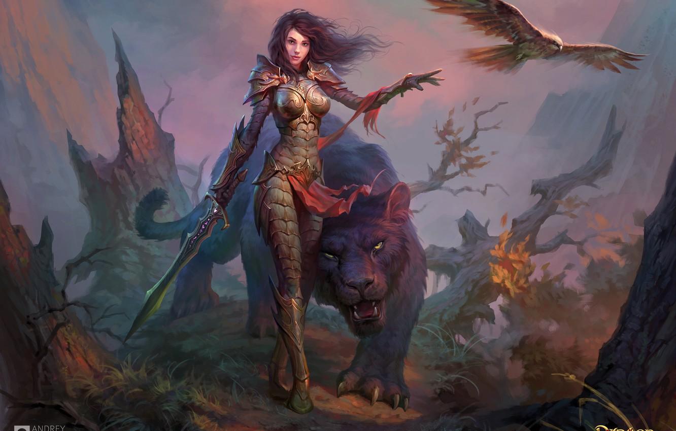 1332x850 Wallpaper cat, girl, bird, sword, Panther, art, warrior, Dragon Eternity, Andrew Kosinski, Dragons Of Eternity image for desktop, section игры